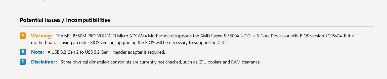 PCPartPicker checking for incompatibilities (Image via PCPartPicker)